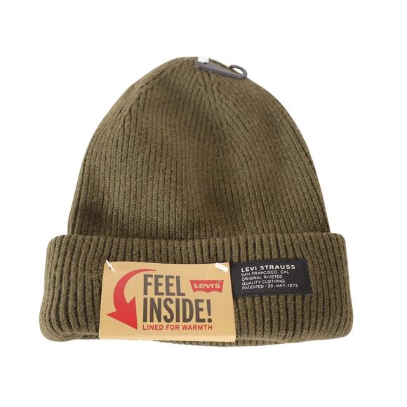 Levi's Soft Rib Knit Cuff Beanie Cap With Jersey Lining - Olive Green - NWT - Picture 1 of 2